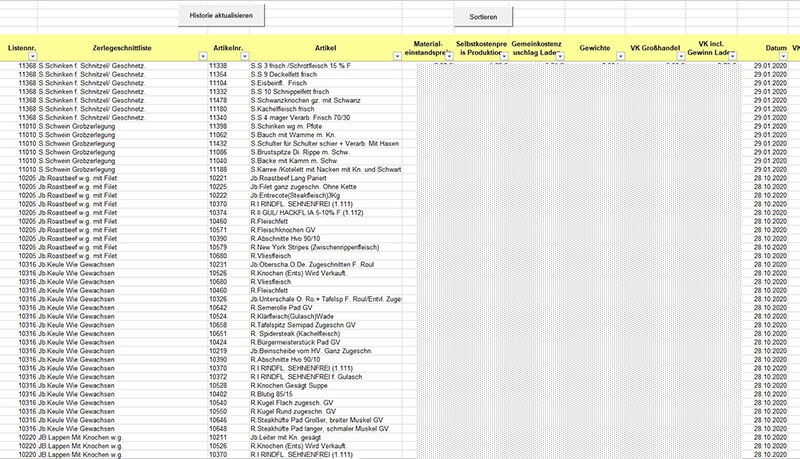 Screenshot des Moduls Zerlegekalkulation