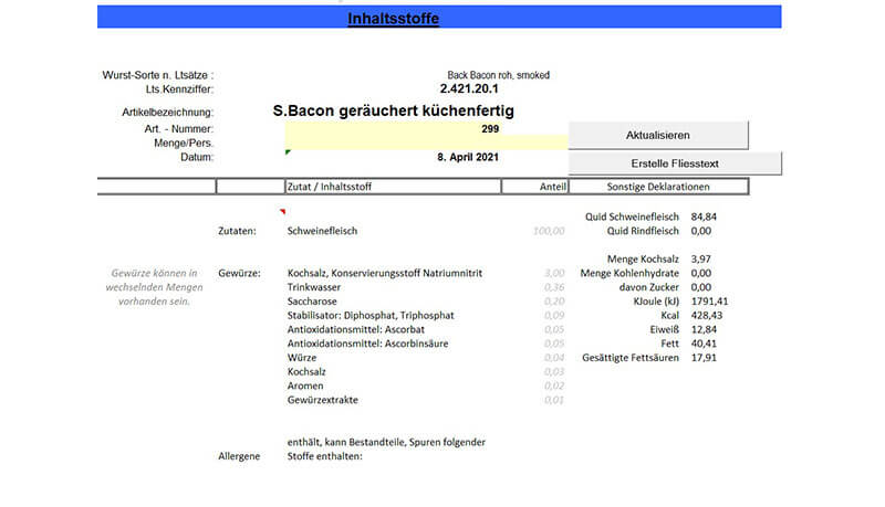 Screenshot des Moduls Rezeptkalkulation