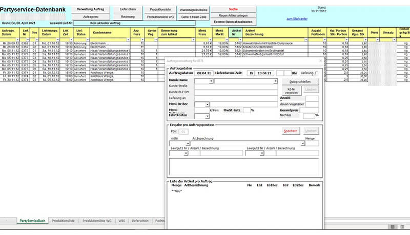 Screenshot des Moduls Partyservice / Catering