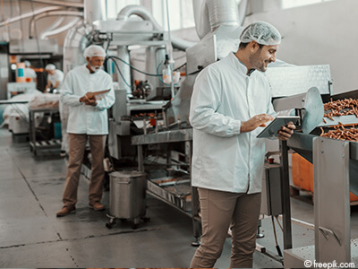Zwei Herren mit Tablet in einer Lebensmittelfabrik